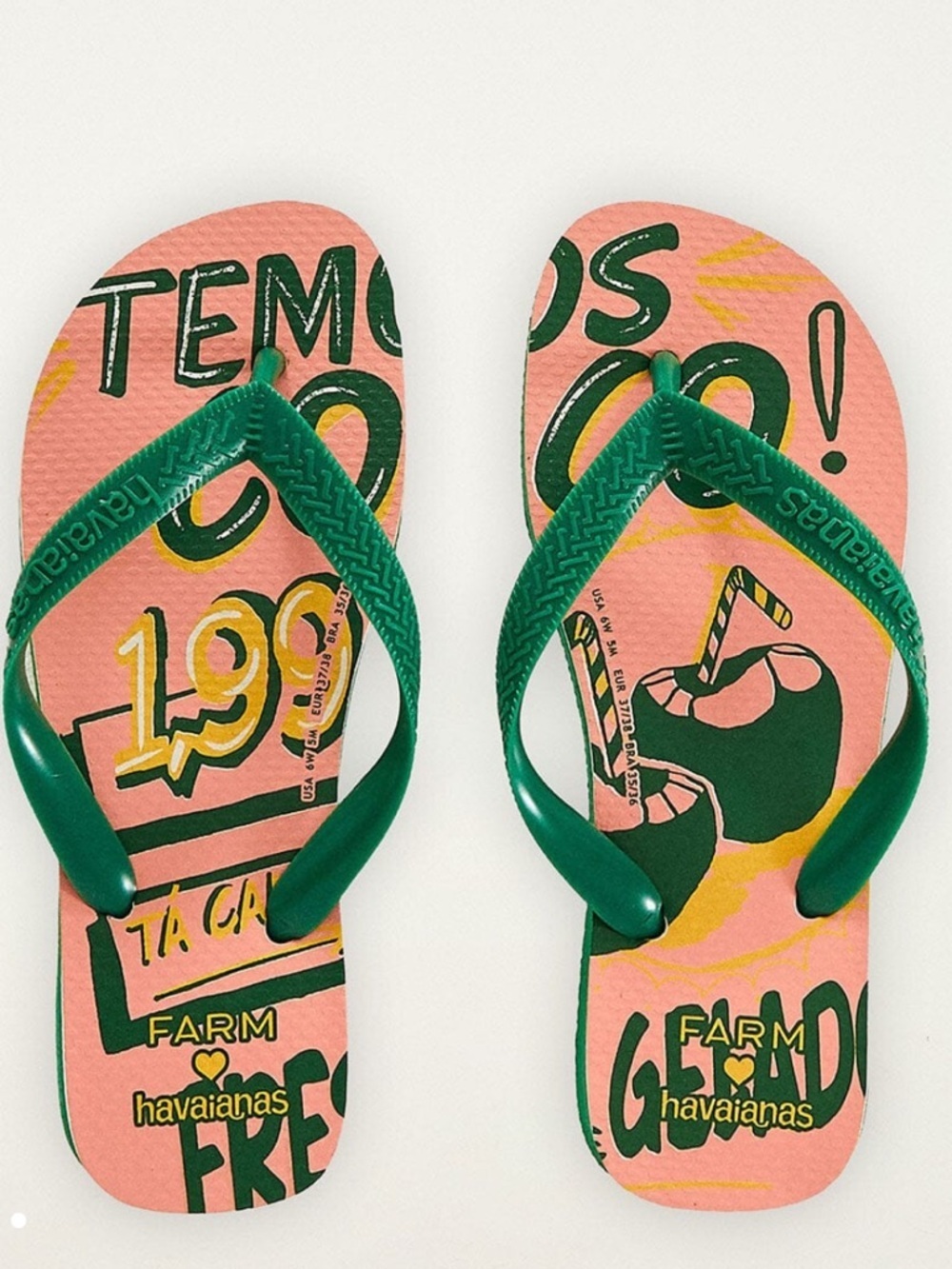 Havaianas Farm Rio Size 6  Pink Temas Coco Flip Flops with Green Straps